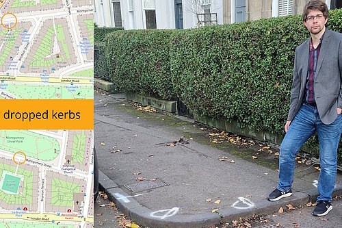 A man standing next to a kerb. Two maps on the left depicting the locations of the new dropped kerb crossings outside Hillside Bowling Club and Montgomery Street Lane respectively